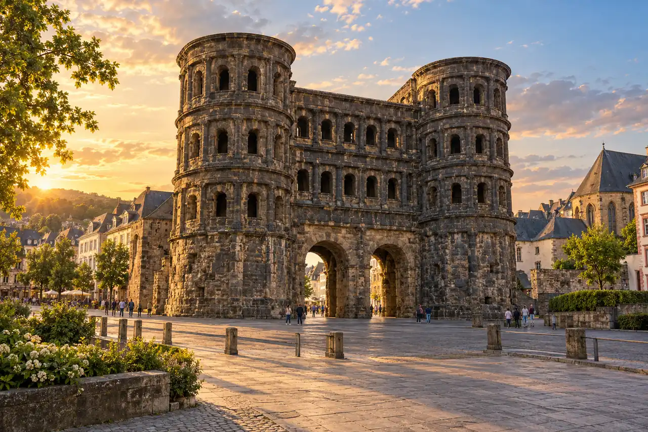 AI ilustrace: mohutná římská kamenná brána s oblými věžemi inspirovaná trevírskou Porta Nigra.