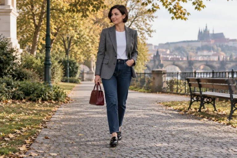 Žena v šedém saku, bílém tričku a tmavých džínách s vínovou kabelkou a černými mokasíny.