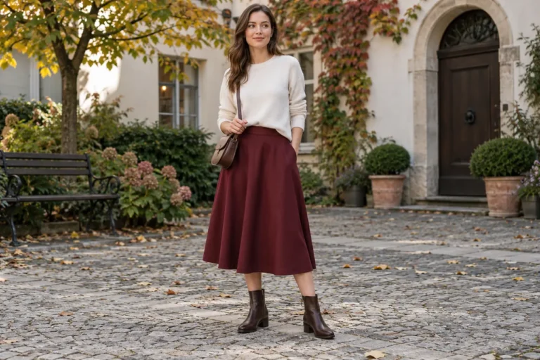 Žena ve vínové midi sukni, smetanovém svetru a hnědých kotníkových botách s malou kabelkou.