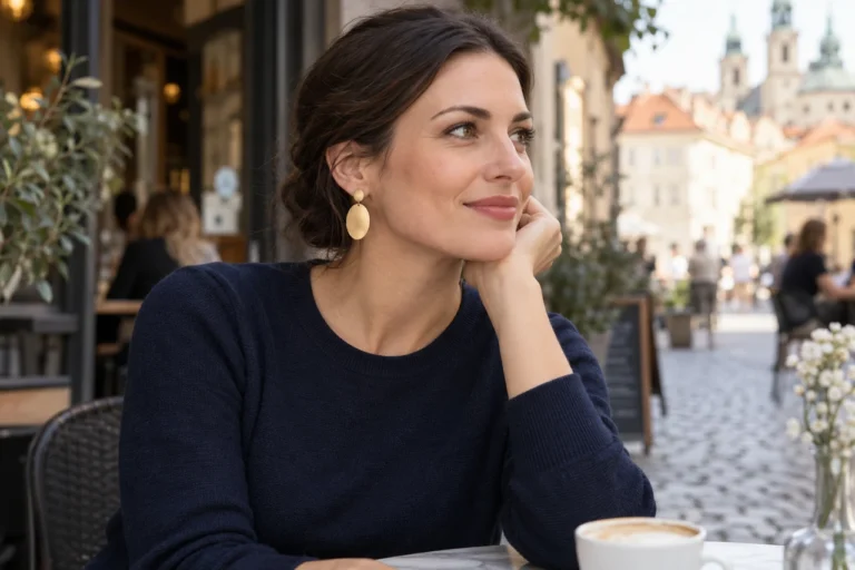 Žena s vlasy v nízkém drdolu, oválnými zlatavými náušnicemi a hladkým tmavomodrým úpletem.