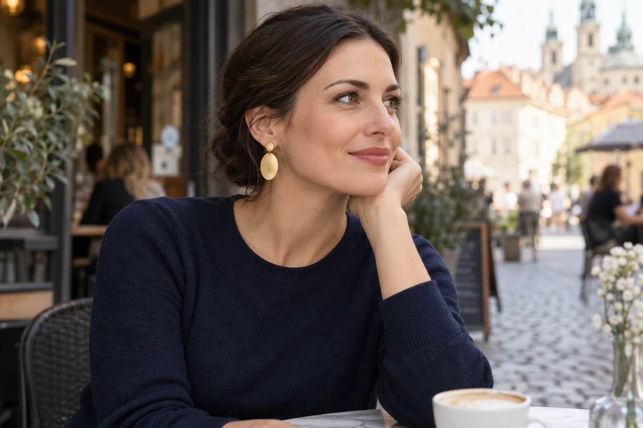 Žena s vlasy v nízkém drdolu, oválnými zlatavými náušnicemi a hladkým tmavomodrým úpletem.