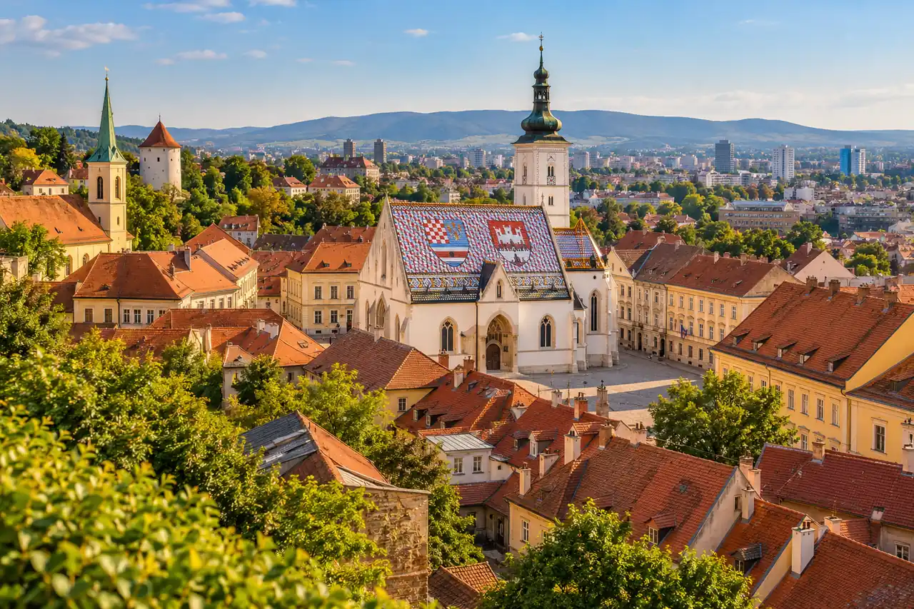 AI ilustrace: červené střechy Horního města s barevnou střechou kostela inspirované Záhřebem.